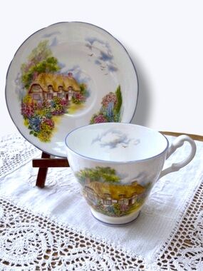Regency English Bone China Teacup Saucer Scenic Cottage Vintage 1960’s
